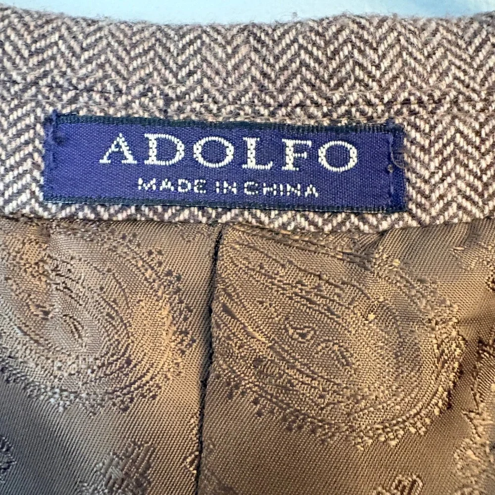 Adolfo Mens 44 Short Brown Herringbone 100% Lambswool Blazer Sport Coat Jacket